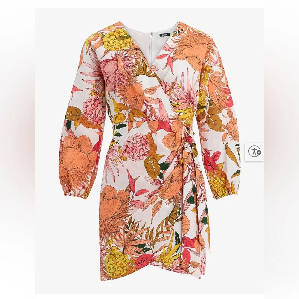 EXPRESS - Floral Linen-Blend V-Neck Tie Wrap Mini Sheath Dress - NWT SMALL - Picture 4 of 6